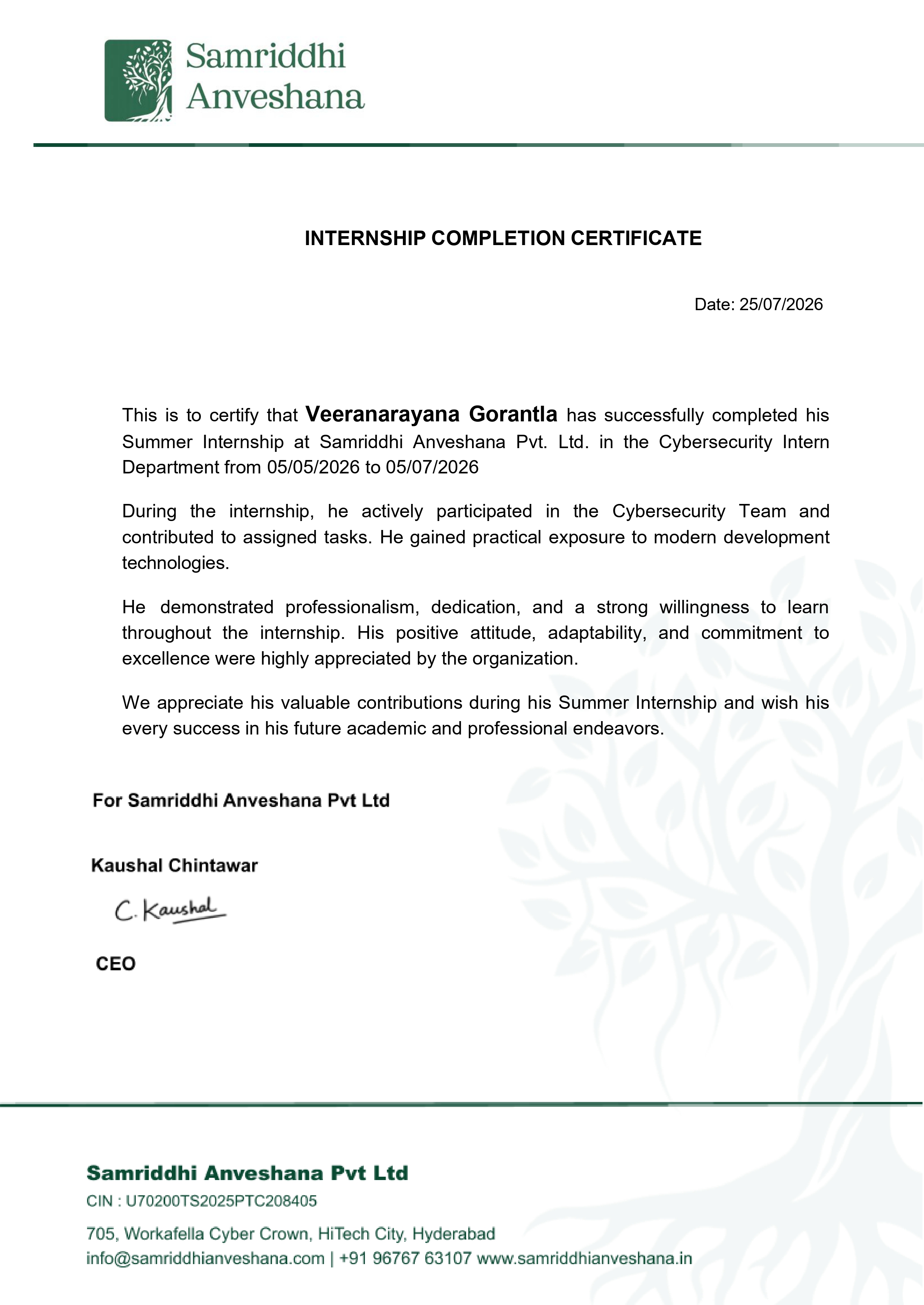 Samriddhi Anveshana Summer Internship